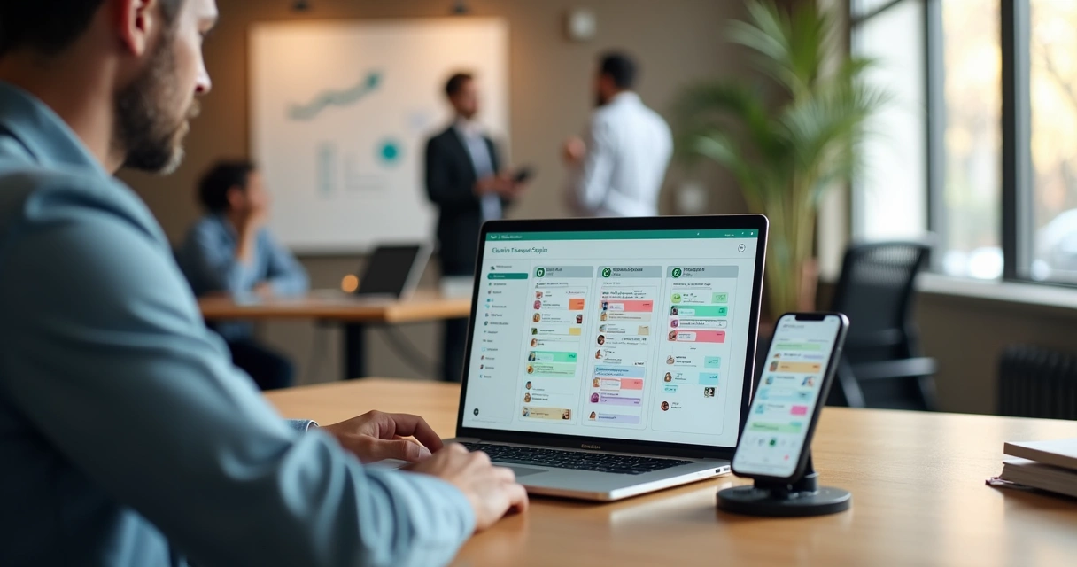Profesional usando tablero kanban de WhatsApp en computadora con equipo pequeño al fondo