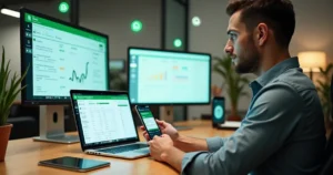 Profissional usando computador e celular atendendo clientes no WhatsApp com rapidez