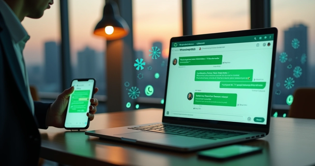 Tela de WhatsApp com chatbot atendendo cliente em ambiente de escritório moderno