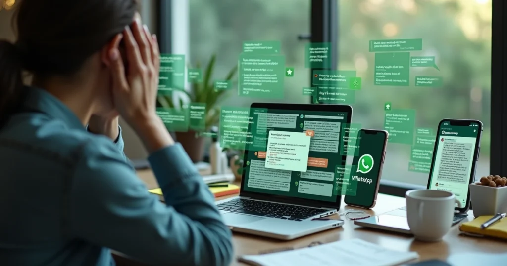 Profesional mirando pantalla llena de chats de WhatsApp desordenados