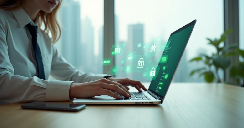 Profesional usando WhatsApp Business en laptop con iconos de candados y escudos de seguridad