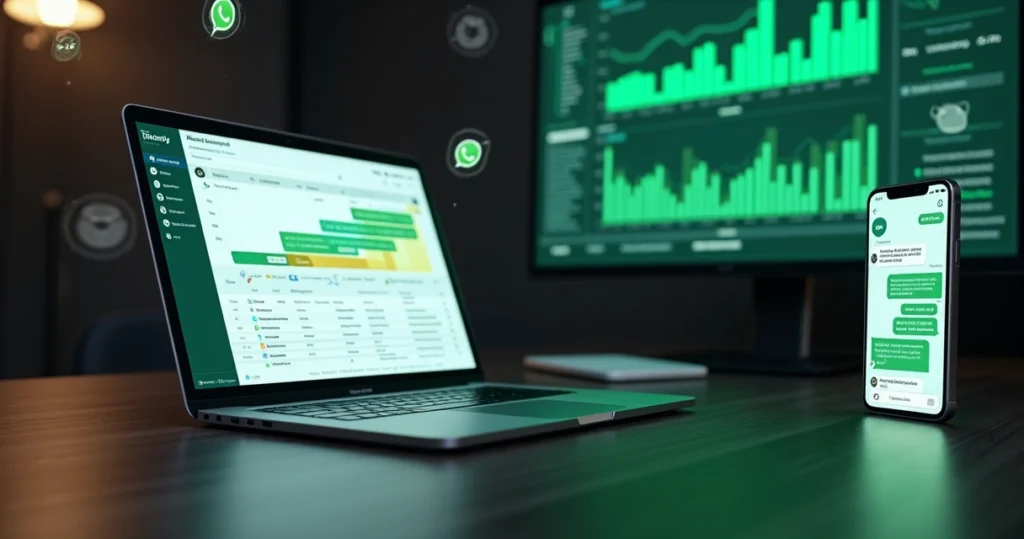 Painel com funil de vendas integrado ao WhatsApp Business API em tela de computador