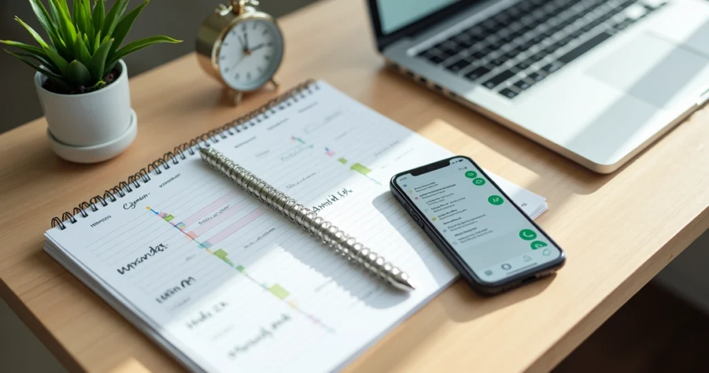Agenda de papel junto a celular con WhatsApp y panel CRM sobre escritorio minimalista