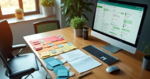 Mesa con tarjetas de prospectos organizadas en caliente tibio y frio junto a pantalla con panel de WhatsApp y CRM