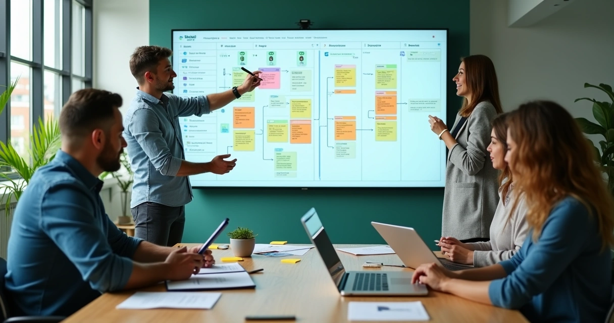 Equipo pequeño analizando un flujo de ventas conectado a WhatsApp en una sala moderna