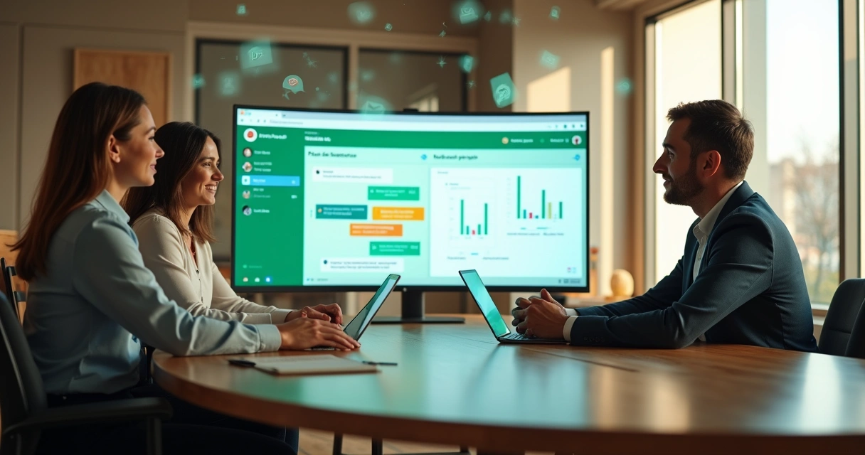 Equipo pequeño revisa panel CRM conectado a WhatsApp en mesa redonda