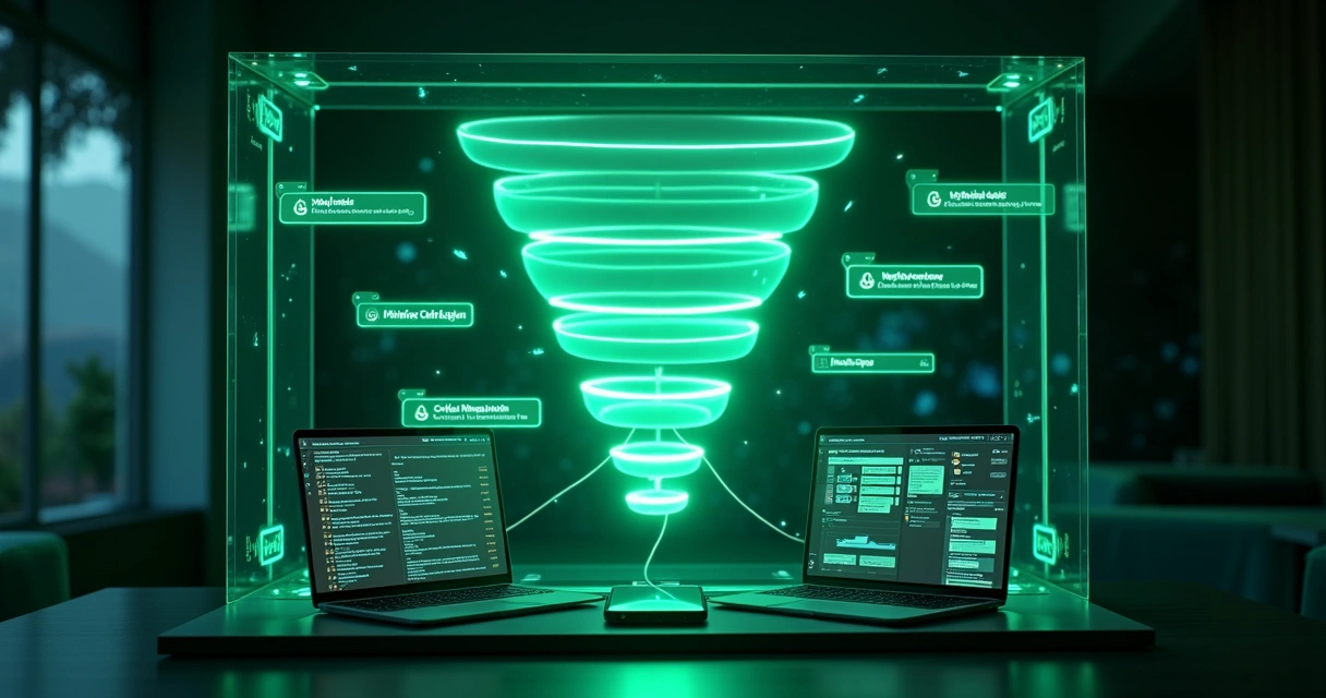 Embudo de ventas visual con mensajes de WhatsApp y panel CRM