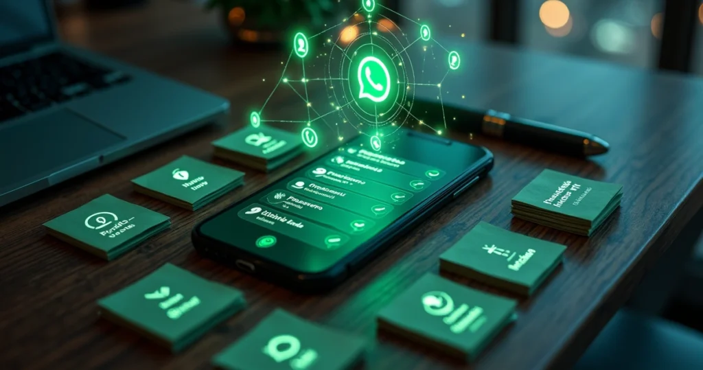 Pantalla de móvil mostrando matriz de chats de WhatsApp organizados de forma segura