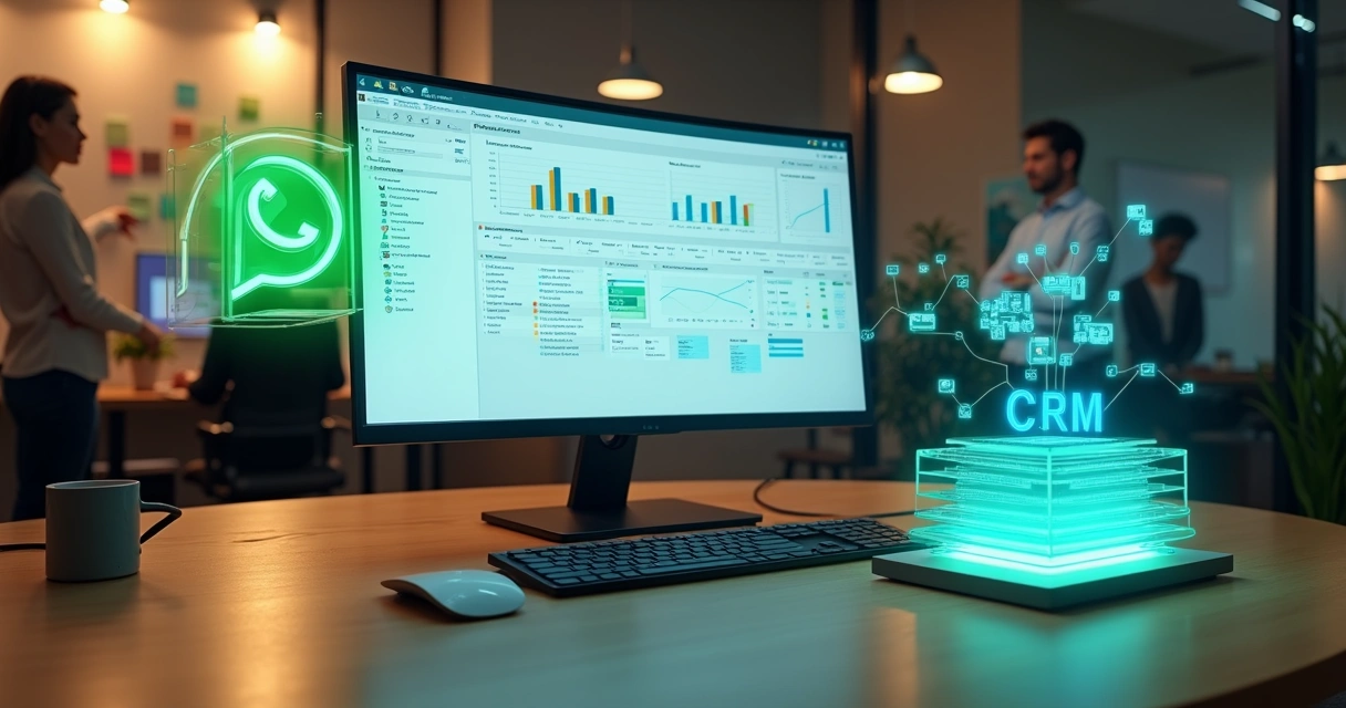 Mesa mostrando integración visual entre WhatsApp y un CRM en entorno profesional moderno
