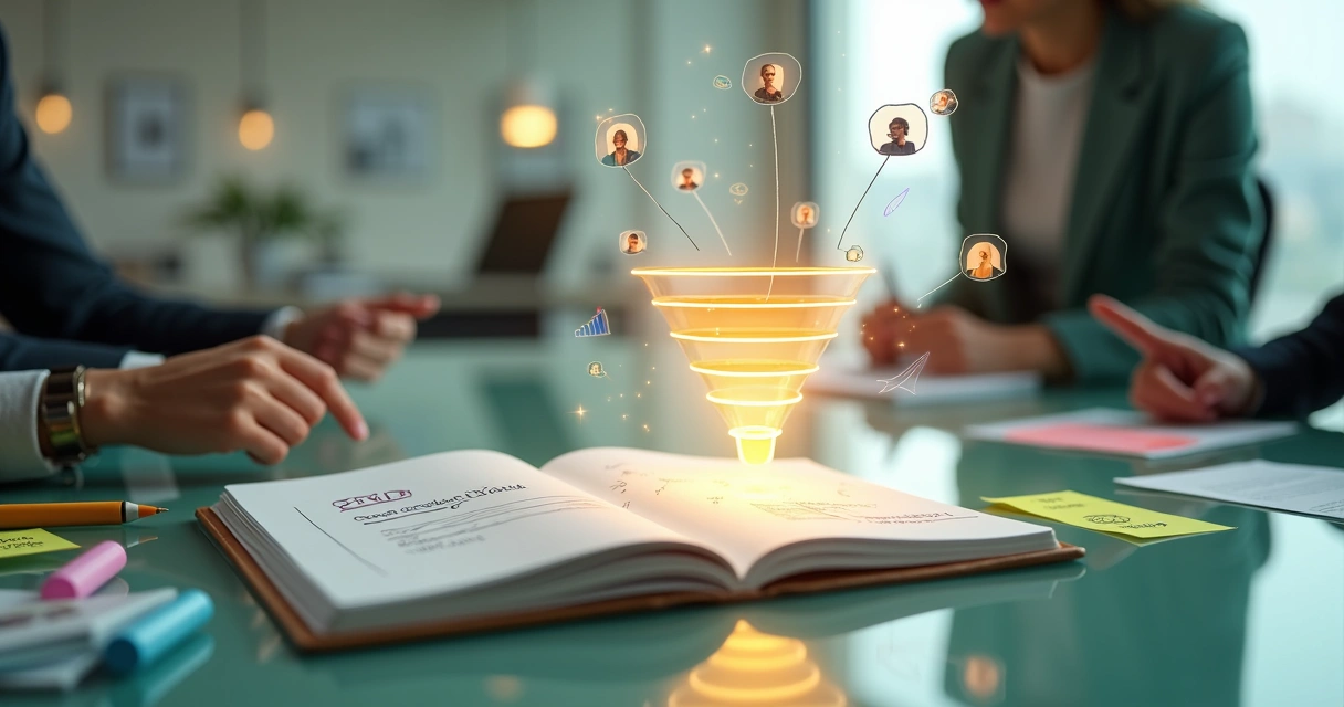 Mapa conceptual de embudo de ventas conectado a iconos de WhatsApp y CRM