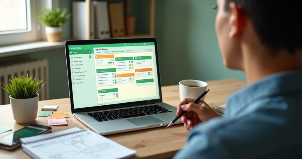 Profesional en pequeña oficina revisando tablero Kanban conectado a chats de WhatsApp en laptop