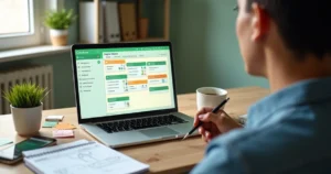 Profesional en pequeña oficina revisando tablero Kanban conectado a chats de WhatsApp en laptop