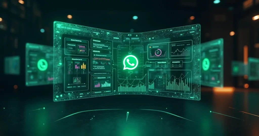 Panel de CRM para WhatsApp mostrado en pantallas flotantes sobre fondo oscuro tecnológico