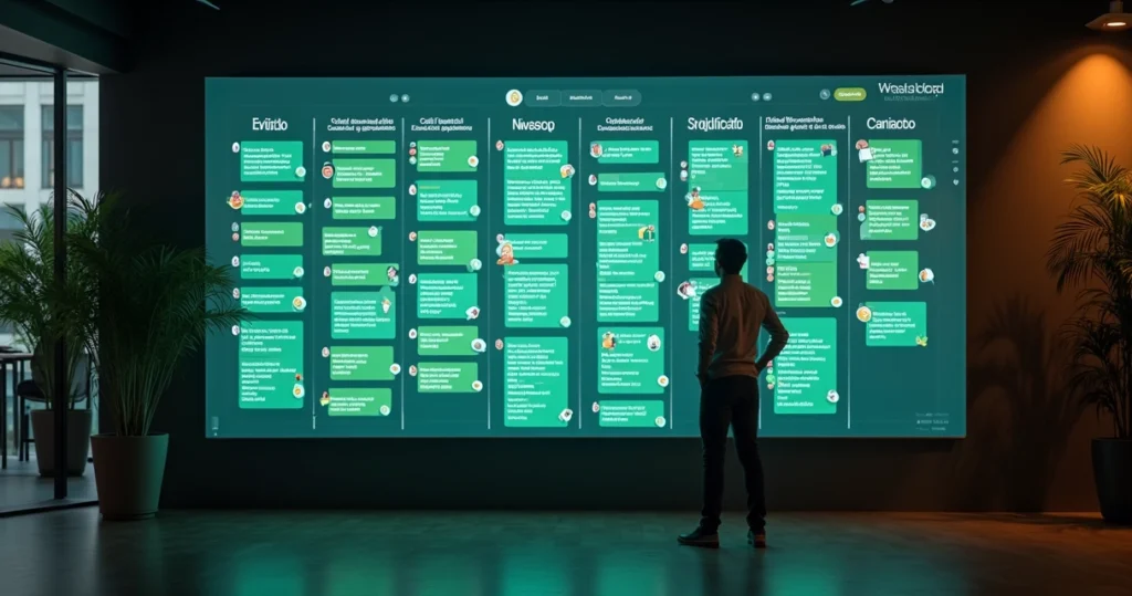 Panel Kanban digital con mensajes de WhatsApp organizados por columnas de ventas