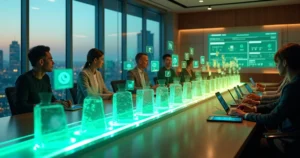 Embudo de ventas digital con íconos de WhatsApp flotando en oficina moderna