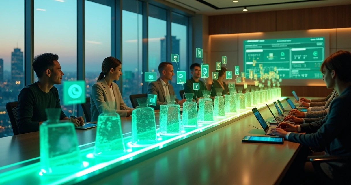 Embudo de ventas digital con íconos de WhatsApp flotando en oficina moderna