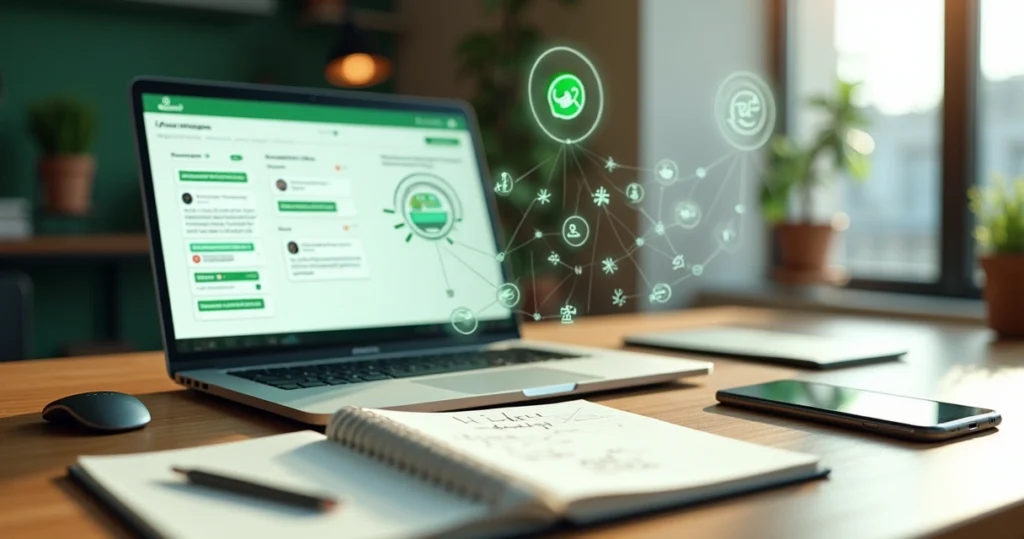 Profesional organiza conversaciones de WhatsApp en panel CRM en su portátil