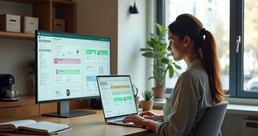 Dueña de pyme usando panel de CRM integrado con WhatsApp en oficina pequeña
