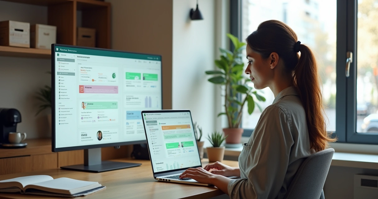 Dueña de pyme usando panel de CRM integrado con WhatsApp en oficina pequeña