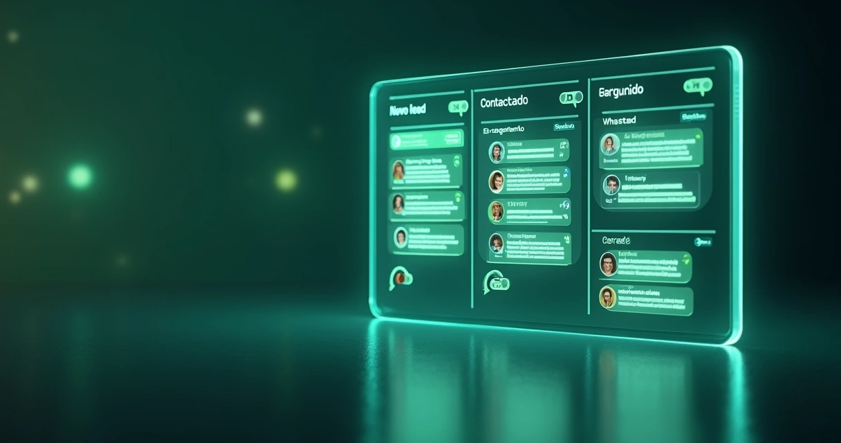 Tablero kanban digital estilo WhatsApp con columnas de ventas en pantalla flotante