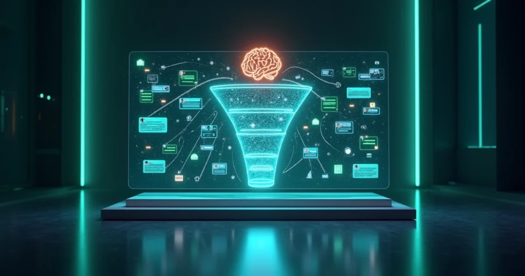 Tablero futurista de CRM con mensajes de WhatsApp flotando y embudo de ventas