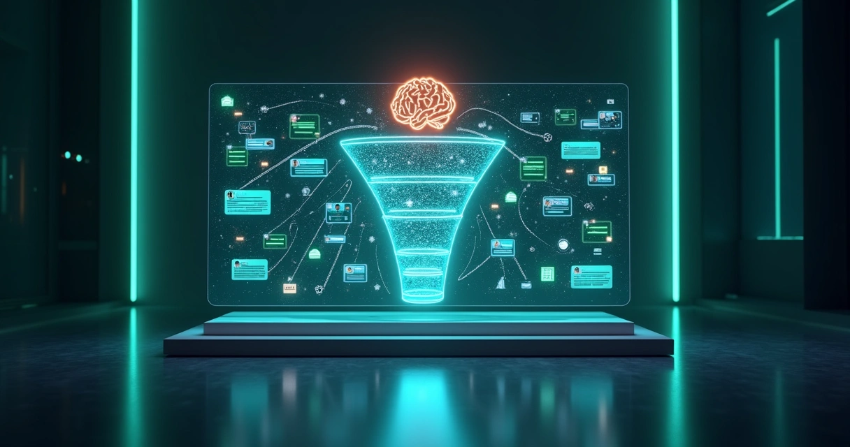 Tablero futurista de CRM con mensajes de WhatsApp flotando y embudo de ventas