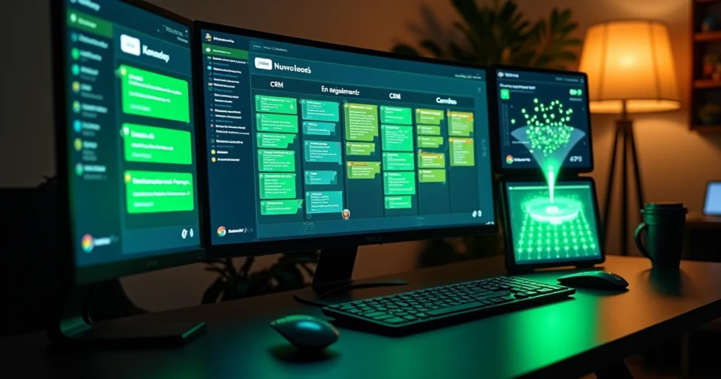 Tablero CRM conectado a WhatsApp con agente de IA evaluando leads
