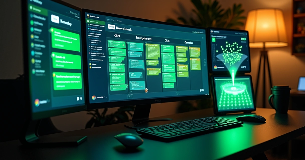 Tablero CRM conectado a WhatsApp con agente de IA evaluando leads